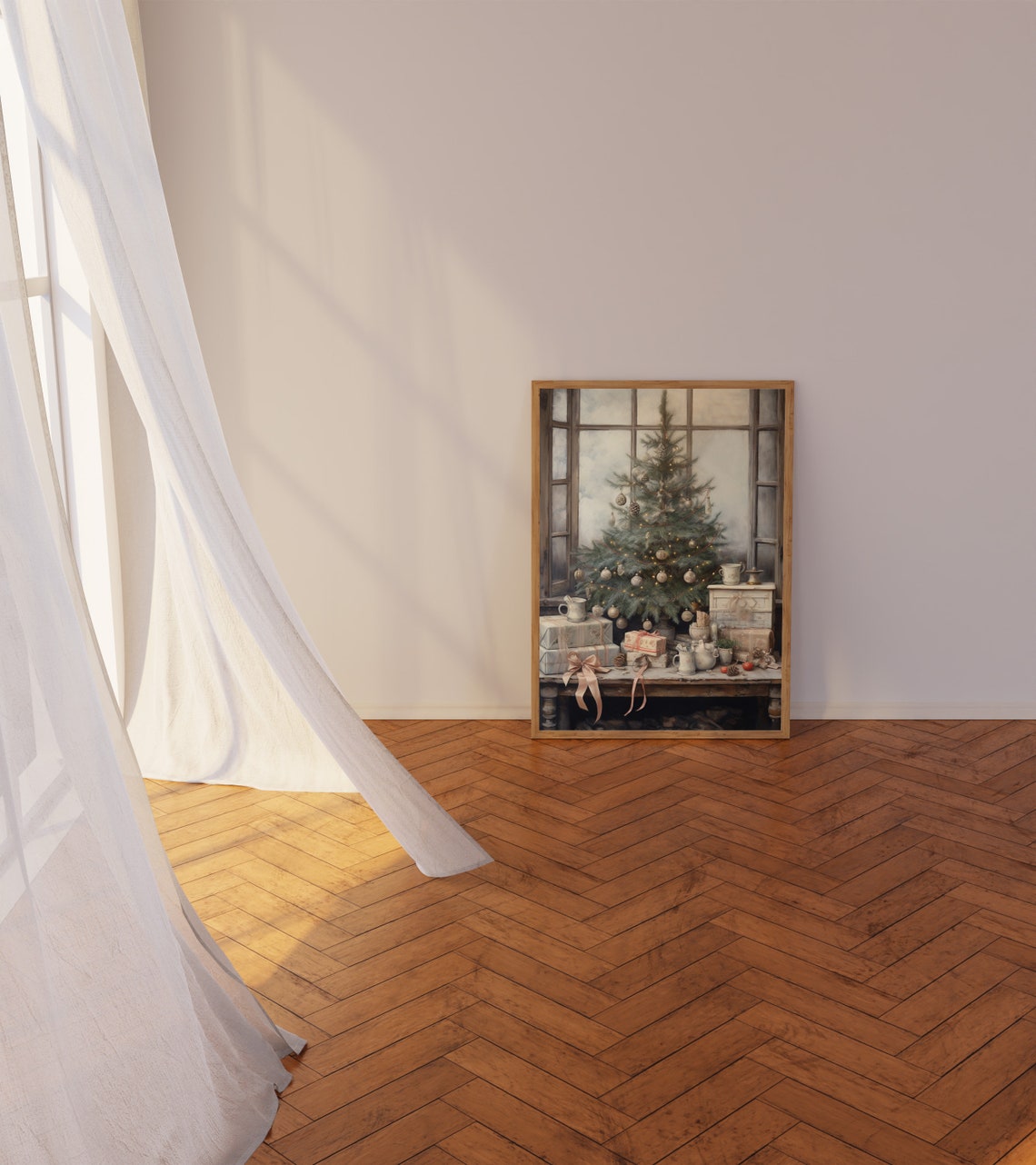 Christmas Tree by Tall Windows Neutral Holiday Still Life Poster - Image 3
