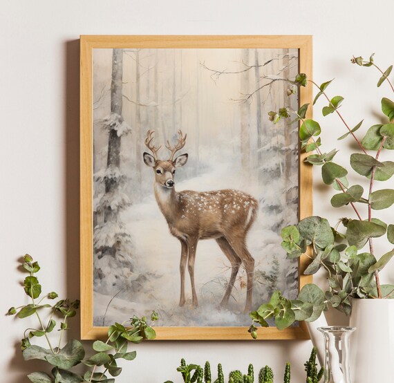 Vintage Christmas Deer Painting, Winter Forest Art Print