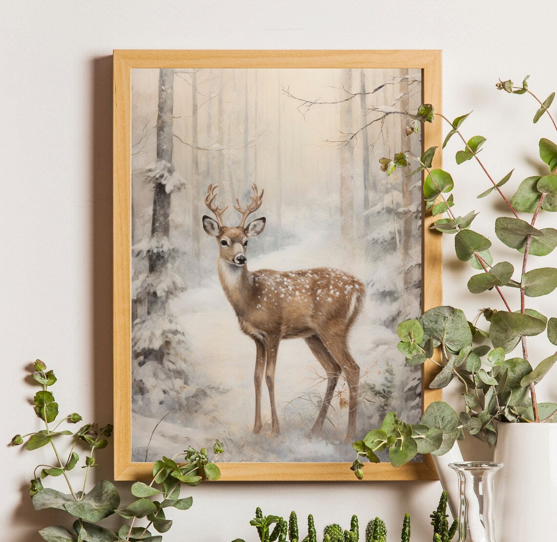 Vintage Christmas Deer Painting, Winter Forest Art Print