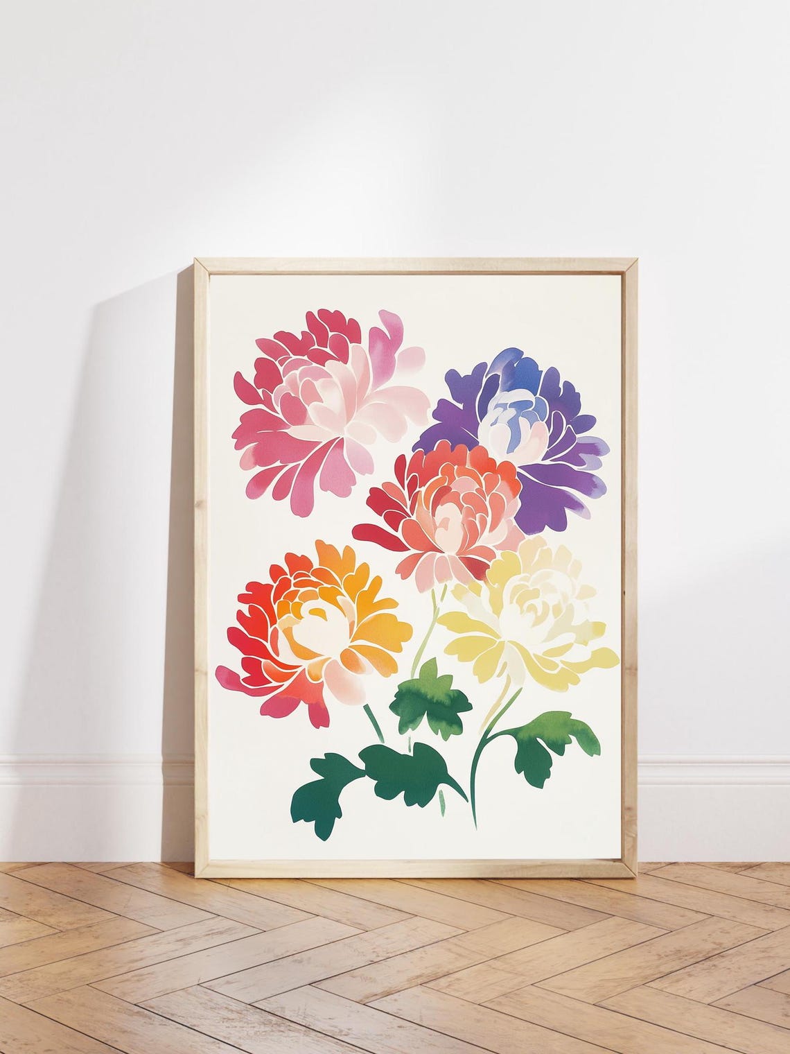 Five Colorful Chrysanthemum Blooms Floral Illustration Poster - Image 3