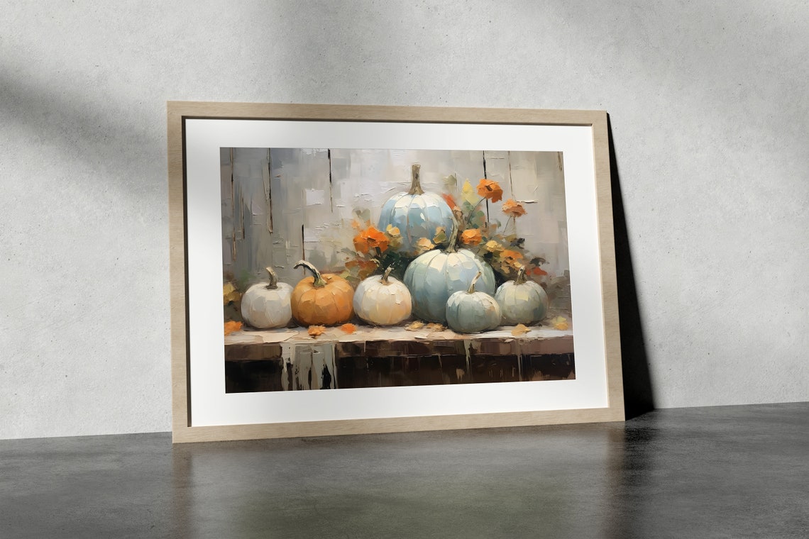 Blue and White Pumpkins with Bright Fall Flowers Autumn Wall Art - Image 2