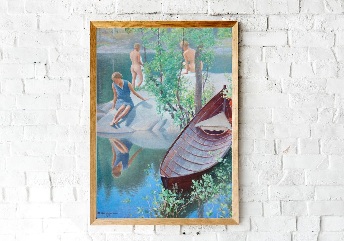 Summer Lake Bathers Woman In Blue Canoe 1931 Vintage Painting Poster - Image 5