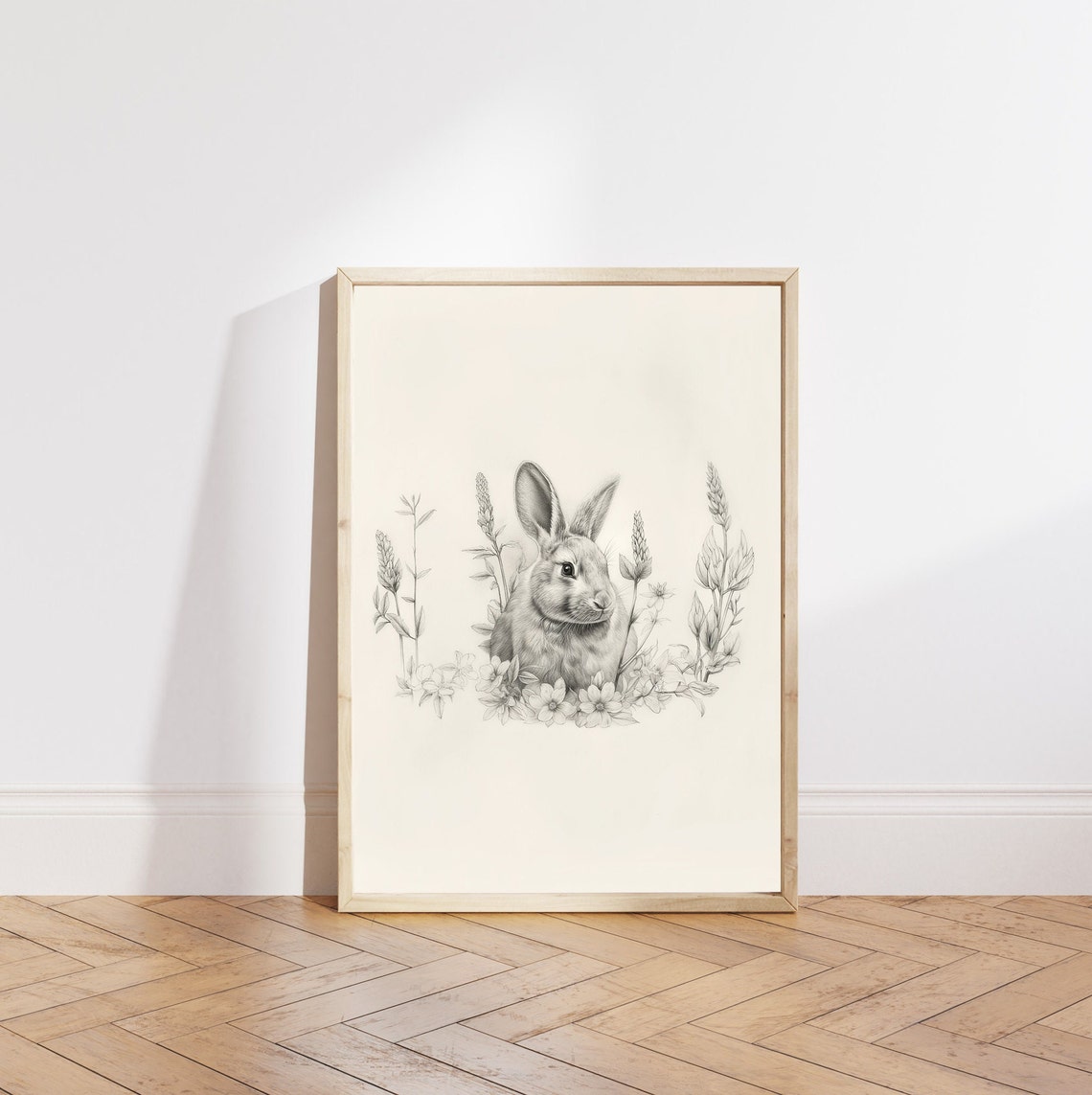 Small Bunny in Sketched Wildflowers Minimalist Nursery Wall Art - Image 4