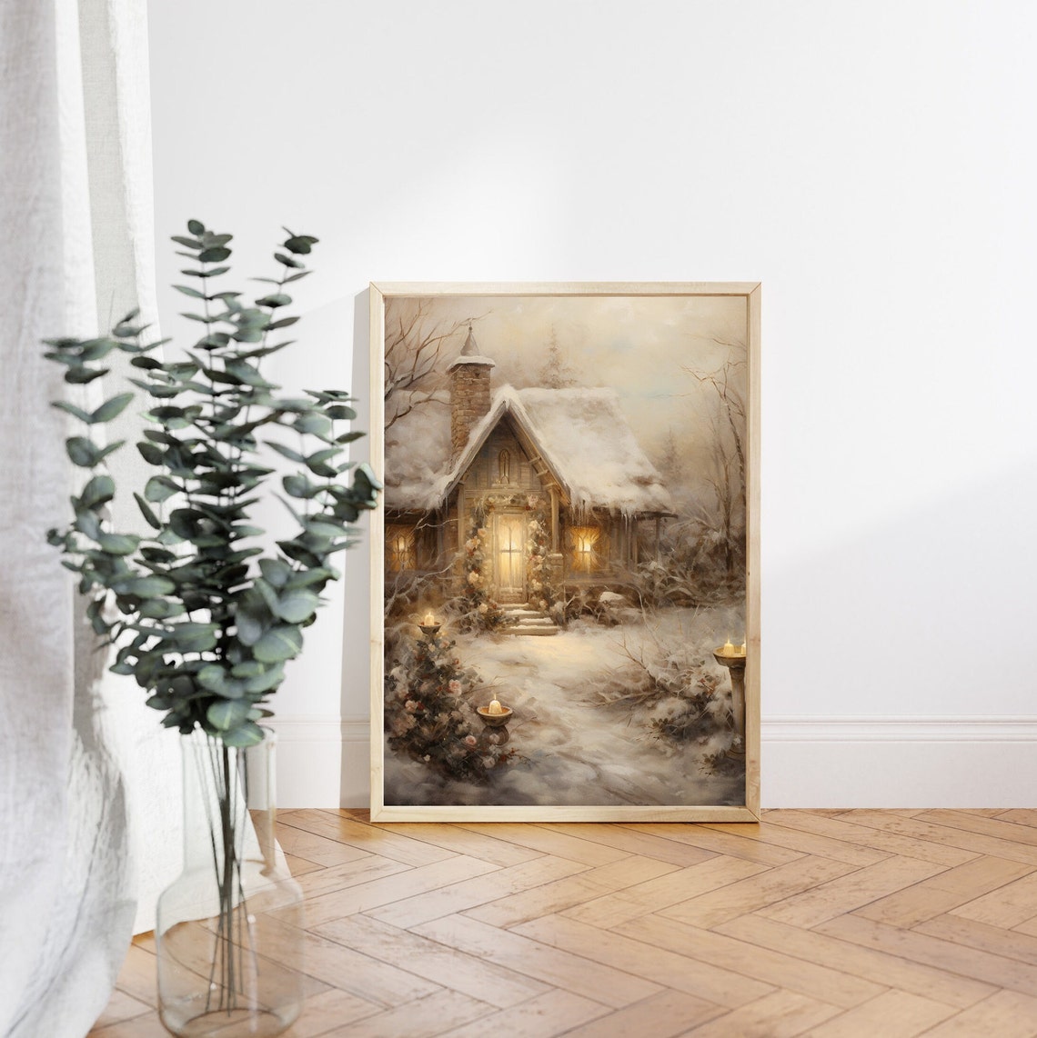 Cozy Snow Covered Cottage Glowing Windows Winter Night Scene Poster - Image 4
