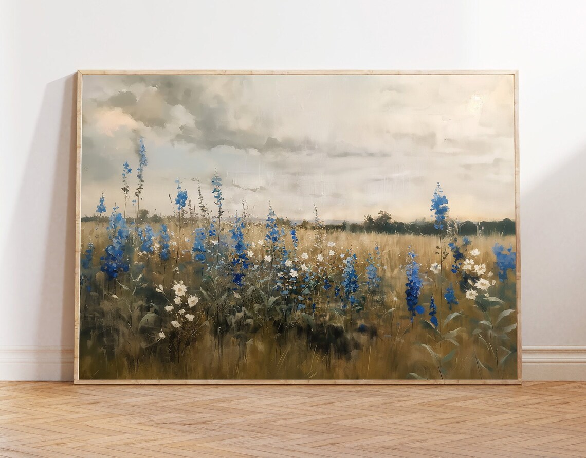 Blue Delphinium Spikes in Golden Field Cloudy Sky Art Poster