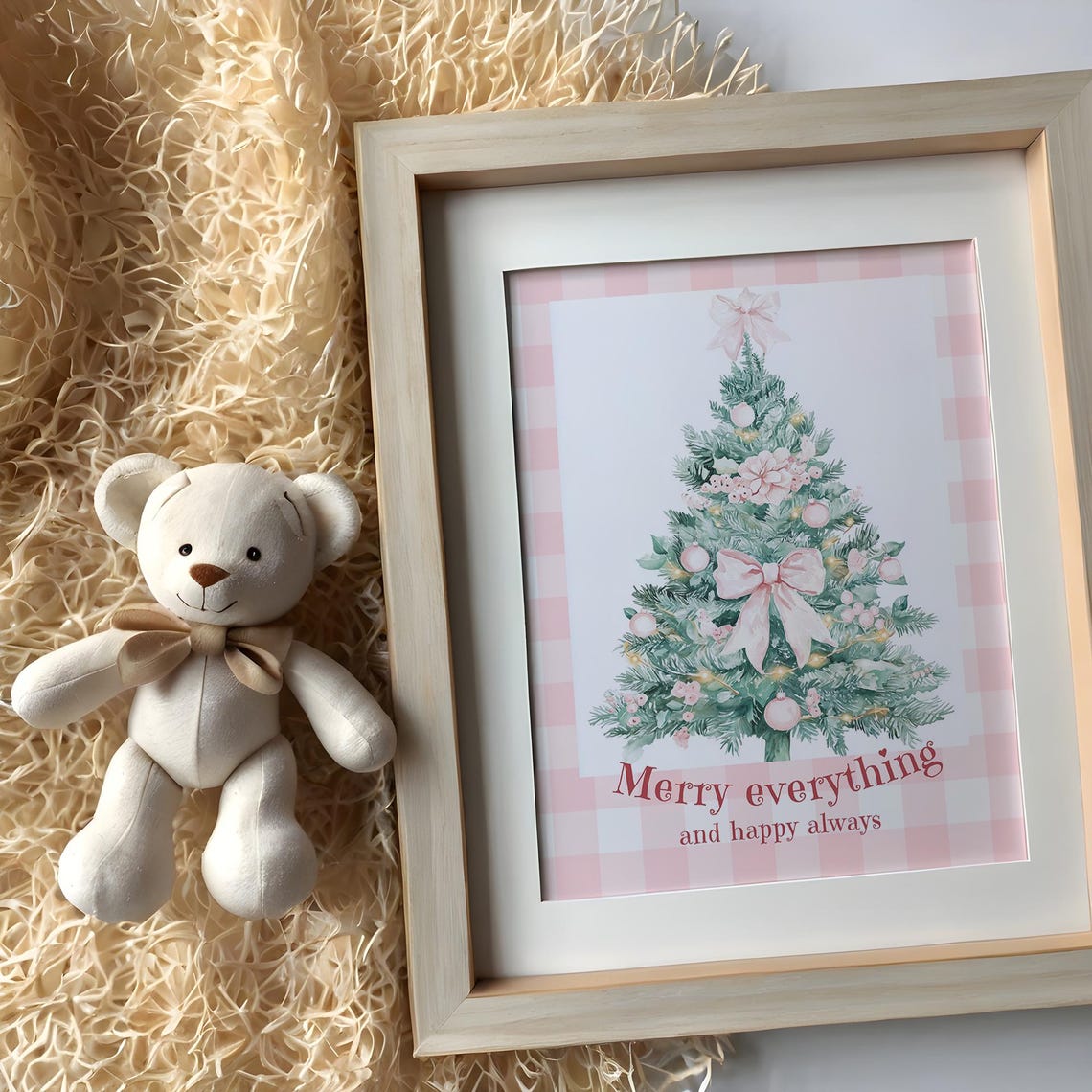 Pink Bow Christmas Tree Merry Everything Text on Pink Gingham Poster - Image 2