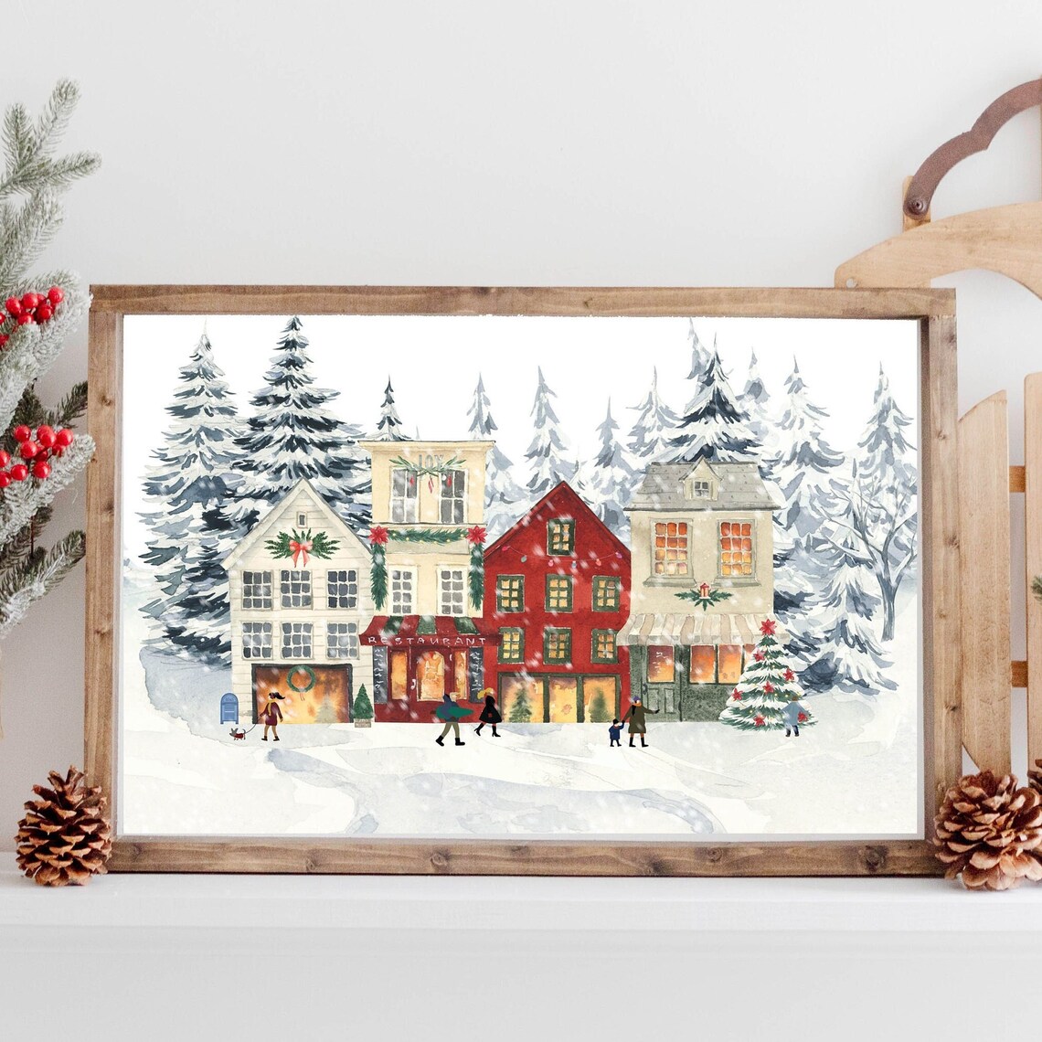 Snowy Christmas Village Street Shops Watercolor Holiday Poster