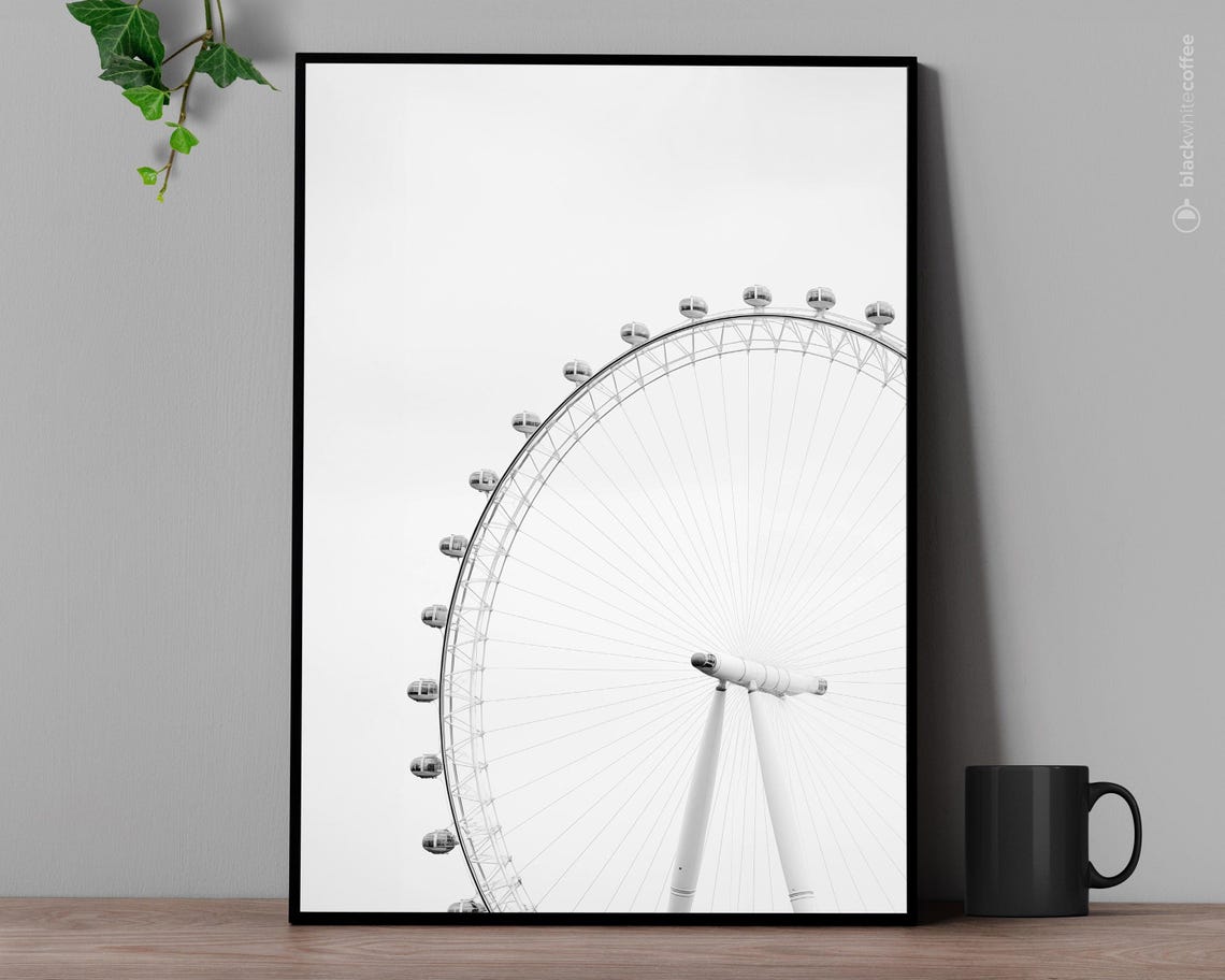 London Eye Ferris Wheel Black and White Minimalist Architecture Poster