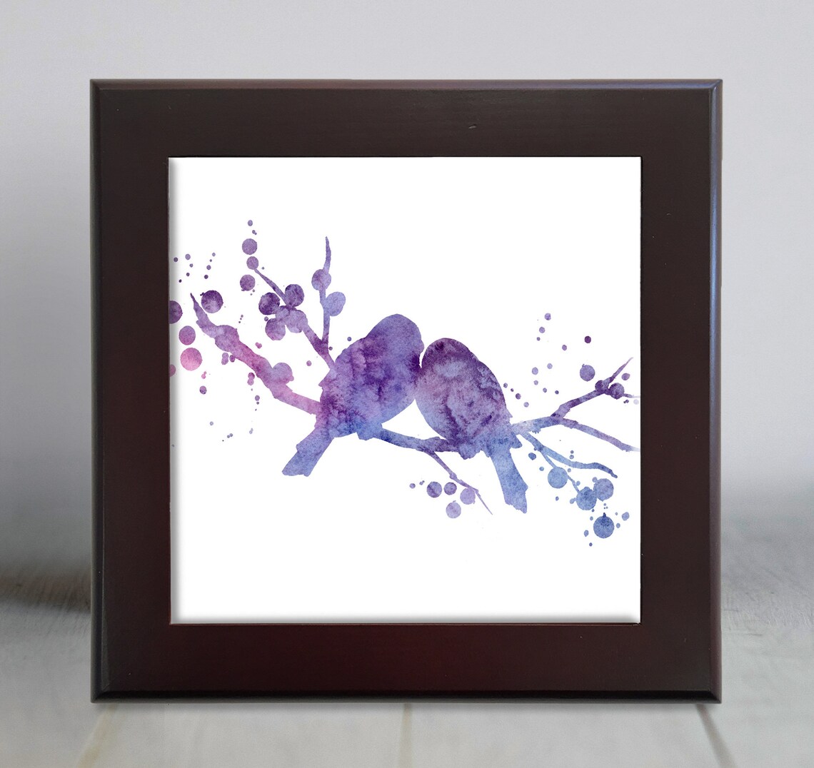 Purple Watercolor Lovebirds Pair on Branch Bird Silhouette Wall Art - Image 2