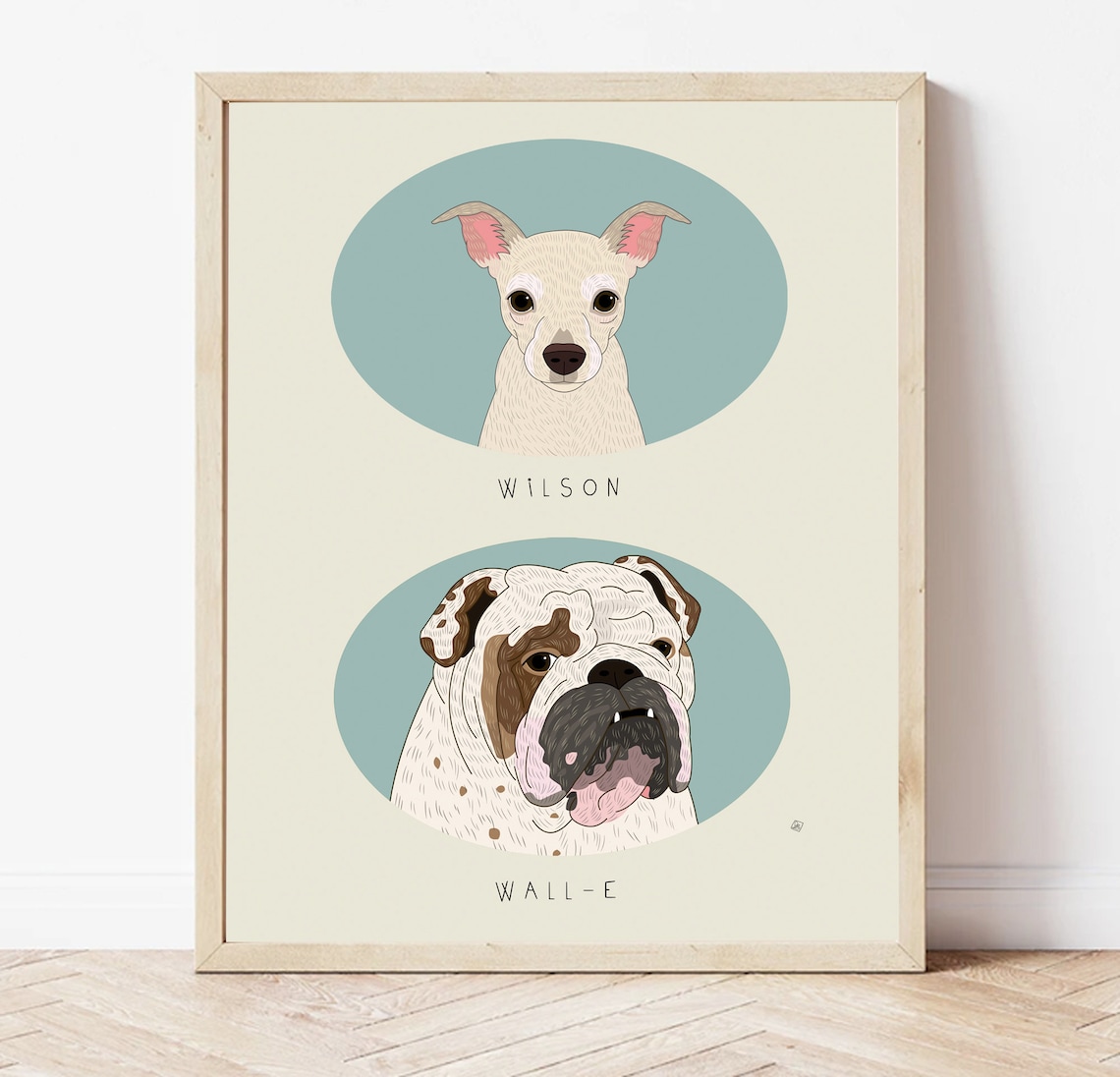 Custom Two Pet Portraits, Oval Frame Memorial Art Print