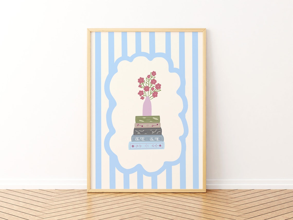 Stack of Books With Pink Flowers Elegant Book Lover Wall Art