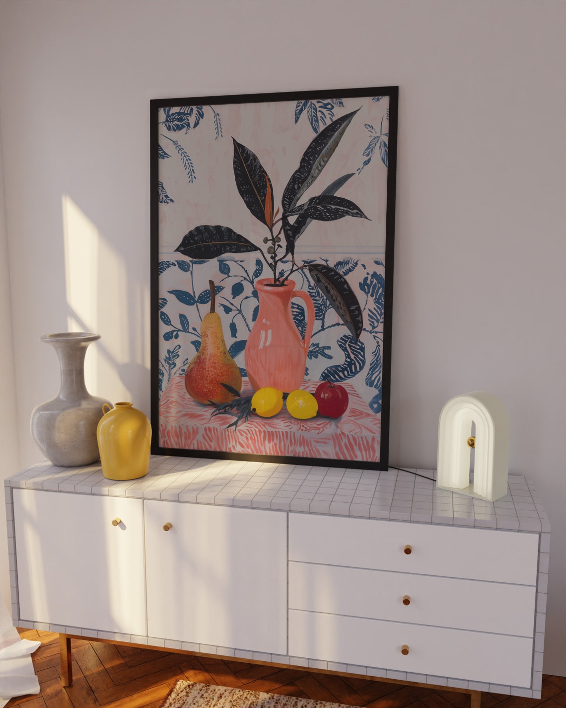 Vintage Floral Still Life Poster with Pink Pitcher Pears and Lemons - Image 3