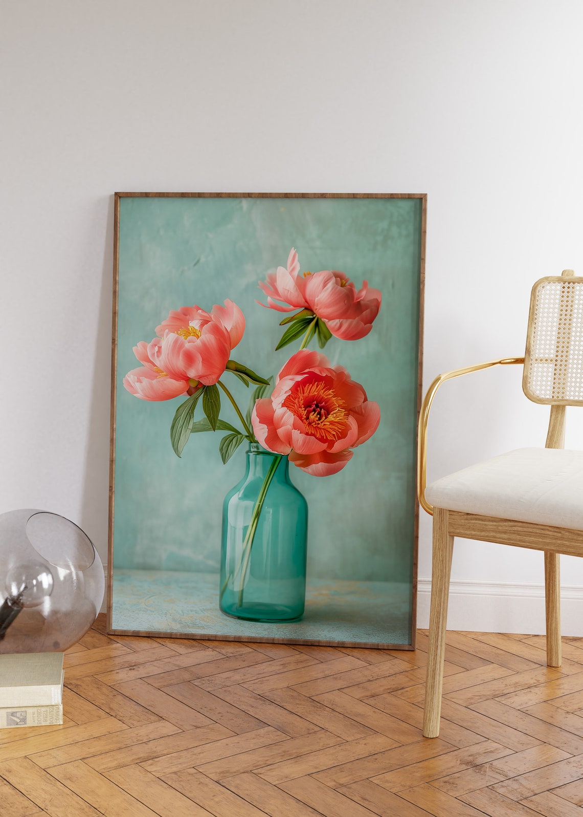 Soft Peony Still Life Poster with Pink Blooms in Teal Glass Vase - Image 4