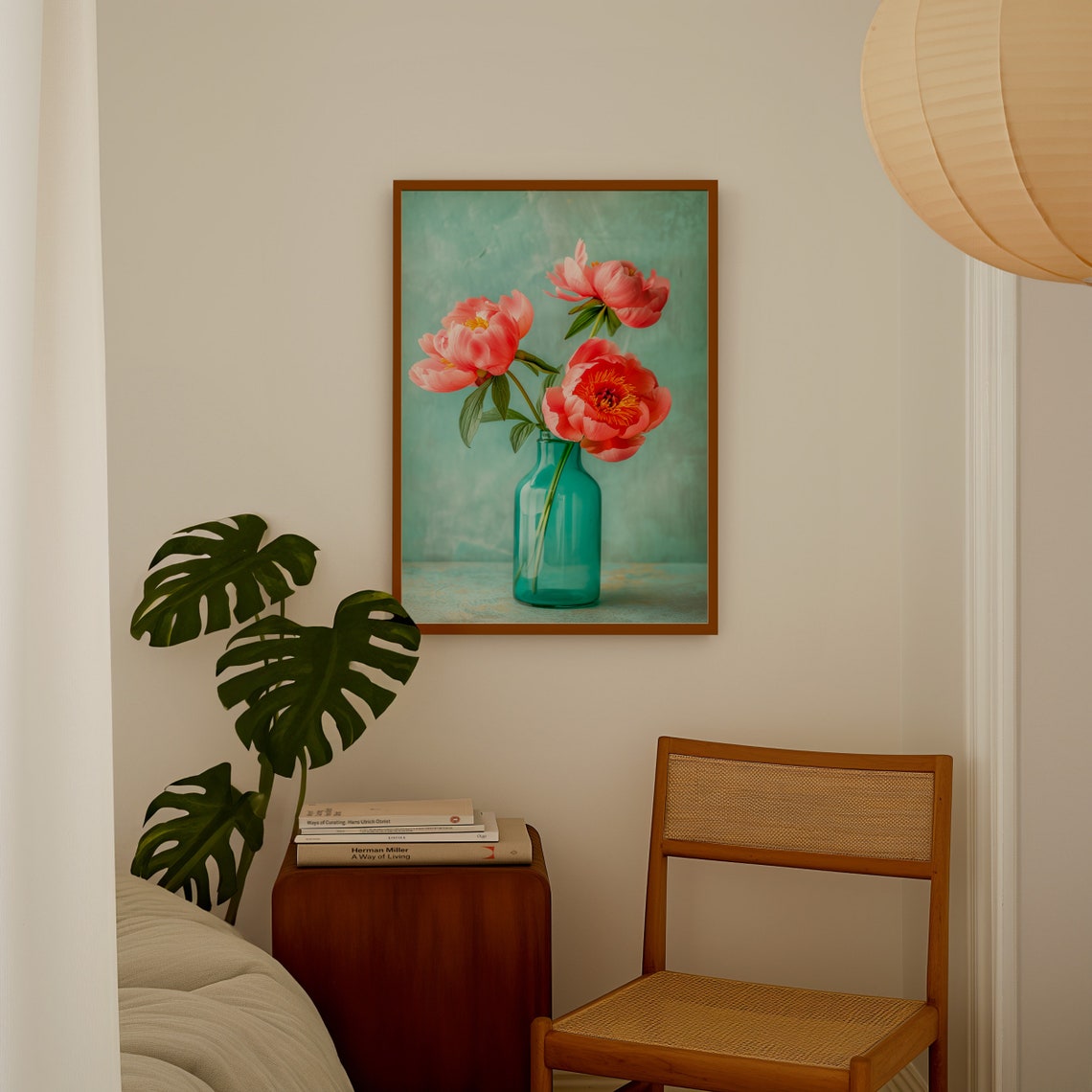 Soft Peony Still Life Poster with Pink Blooms in Teal Glass Vase - Image 3