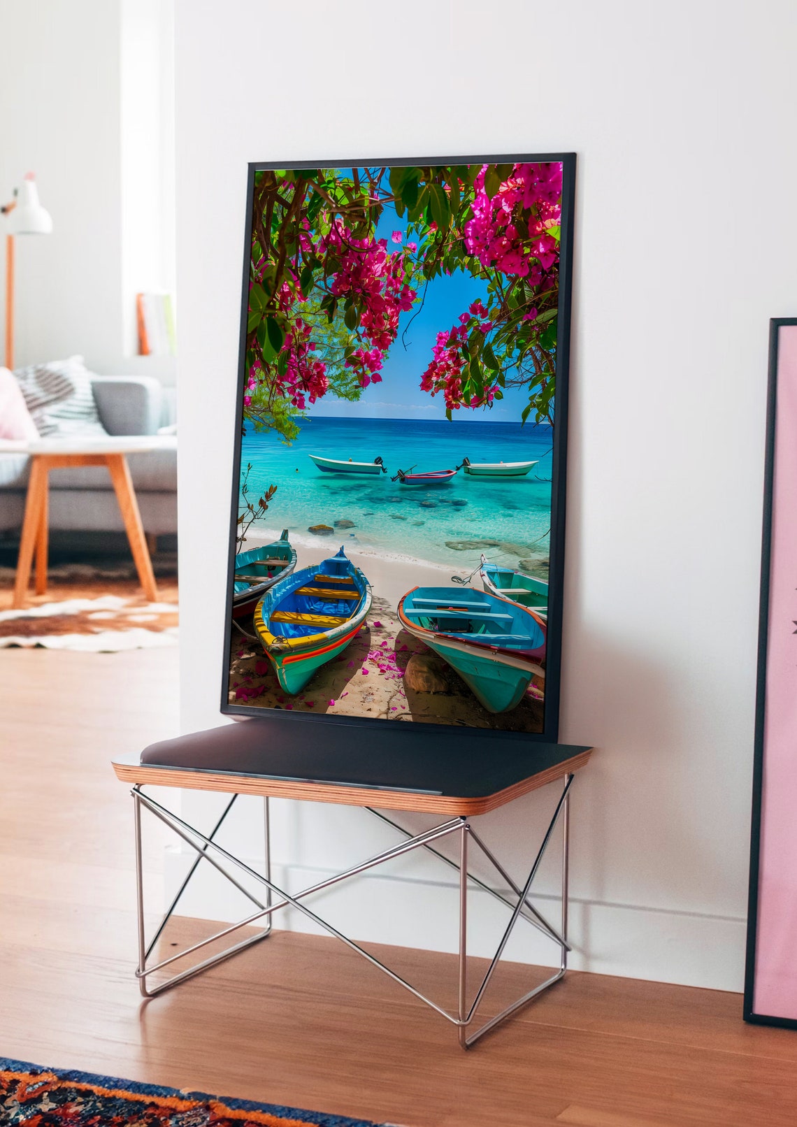 Tropical Beach with Colorful Boats and Bougainvillea Summer Poster - Image 4