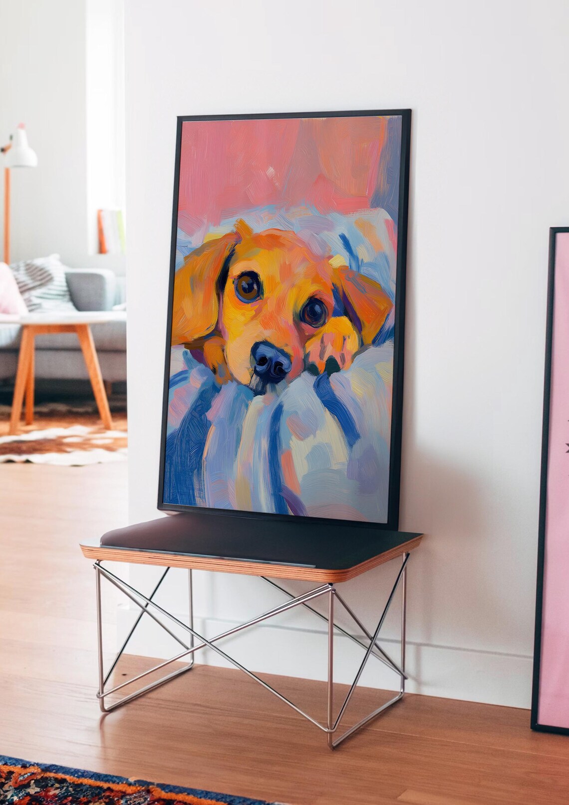 Golden Puppy Snuggled in a Blue Blanket Cute Painting Poster - Image 4