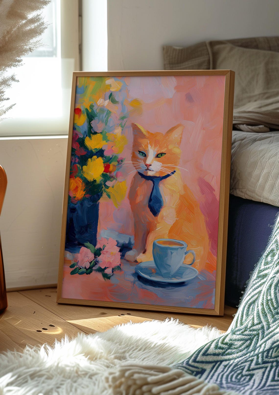Ginger Cat in a Blue Tie with Flowers and a Coffee Cup Poster - Image 2