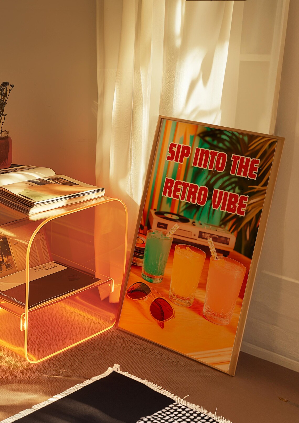 Sip Into the Retro Vibe 80s Neon Cocktail Poster with Sunglasses and Vinyl - Image 2