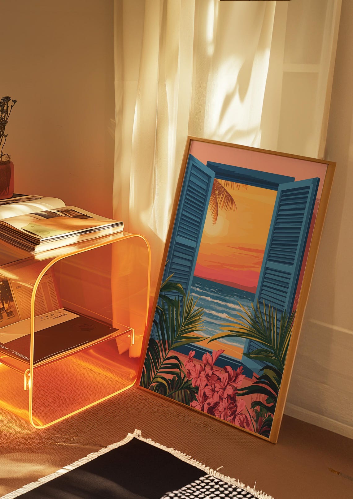 Blue Shutter Window View Over a Tropical Beach Sunset Poster - Image 2