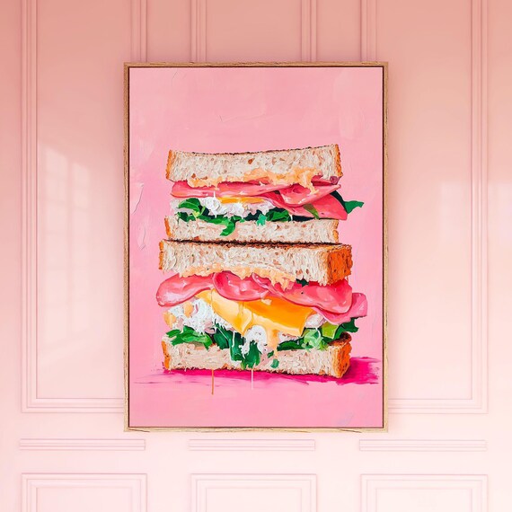 Gourmet Stacked Sandwich Painting Ham Egg Greens Pink Pop Art Poster