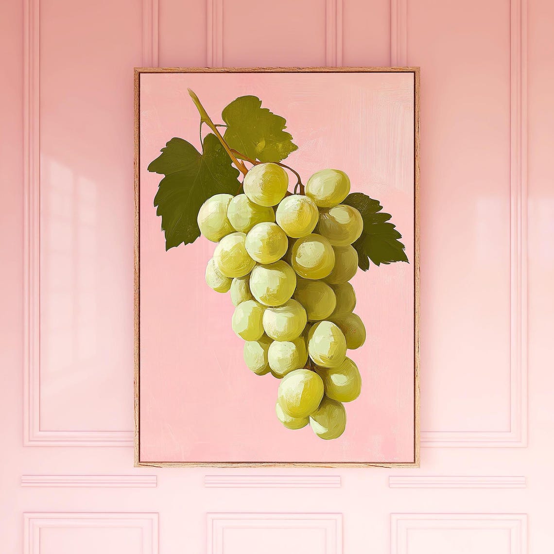 Green Grape Bunch Still Life Painting On Pink Background Poster
