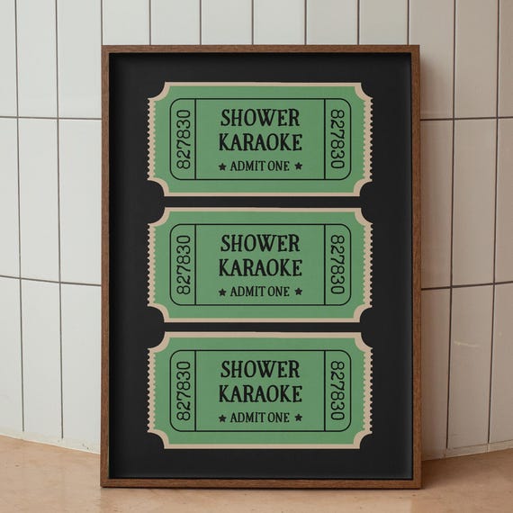 Shower Karaoke Ticket Print Bathroom Retro Black Green Singing Funny Wall Art Vintage Trendy Home Decor