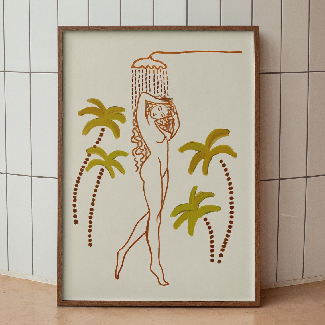 Tropical Shower Woman Palm Trees Minimalist Line Art Bathroom Poster