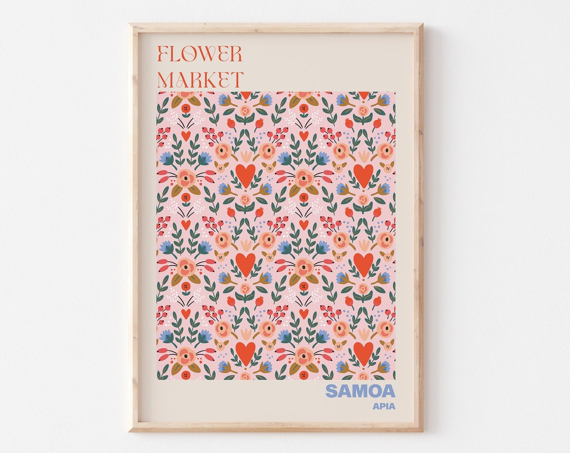Samoa Flower Market Poster Apia Coral Folk Floral Pattern Artwork