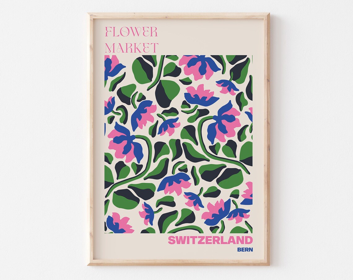 Switzerland Bern Bold Pink Blue Flower Market Botanical Poster