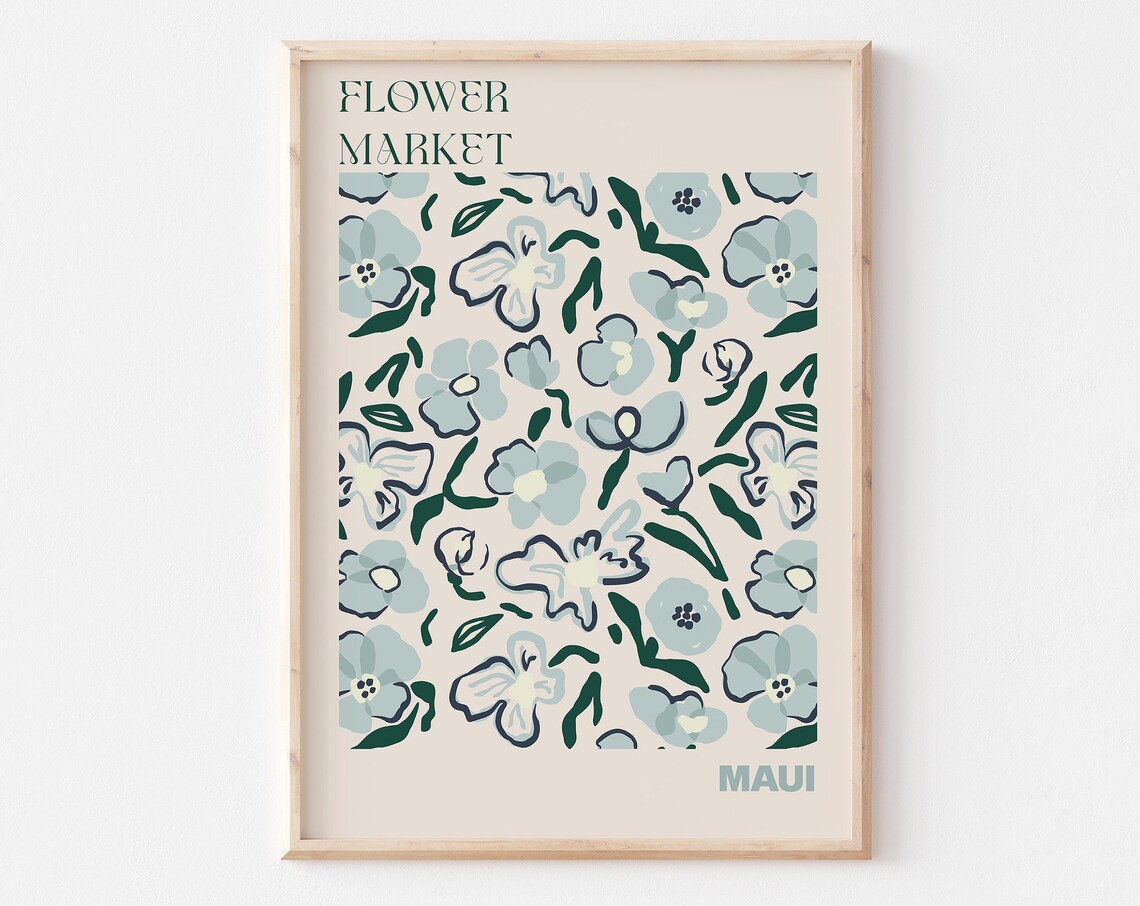 Maui Flower Market Hand Drawn Blue Green Blossom Pattern Art Poster