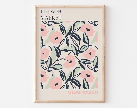 Miami Beach Flower Market Blush Pink Peony and Navy Leaf Art Poster