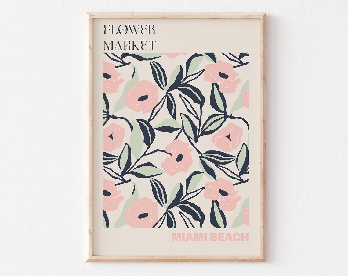 Miami Beach Flower Market Blush Pink Peony and Navy Leaf Art Poster
