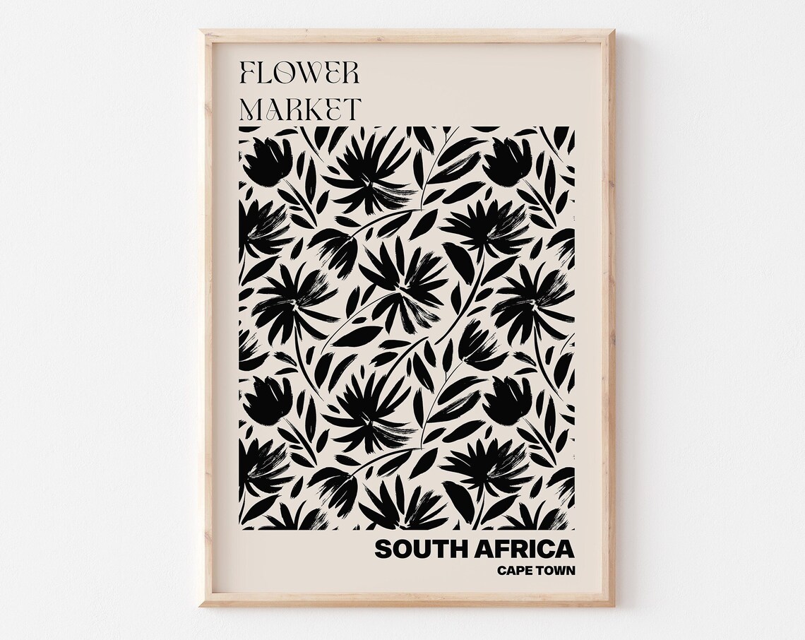 South Africa Cape Town Bold Monochrome Ink Flower Market Poster