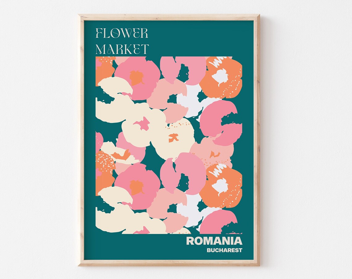 Romania Flower Market Poster Bucharest Teal Coral Floral Artwork