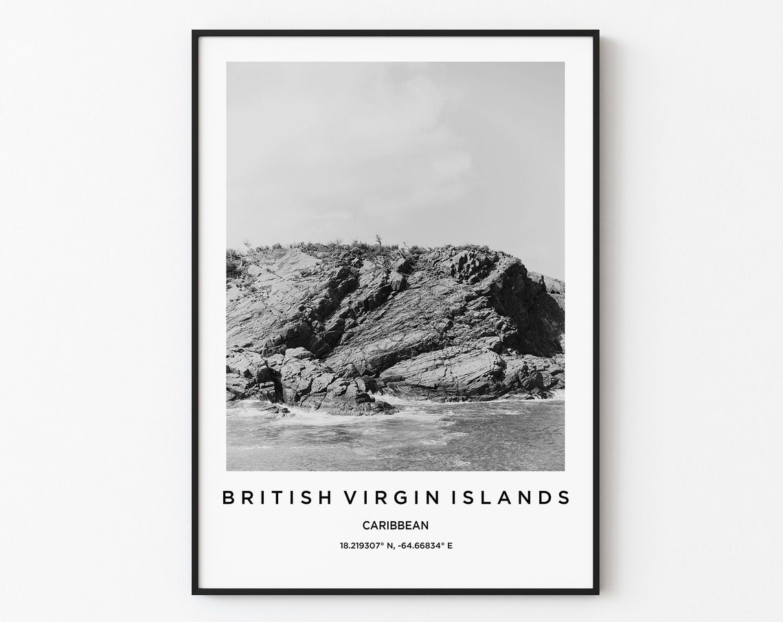 British Virgin Islands Caribbean Rocky Coast Black White Poster