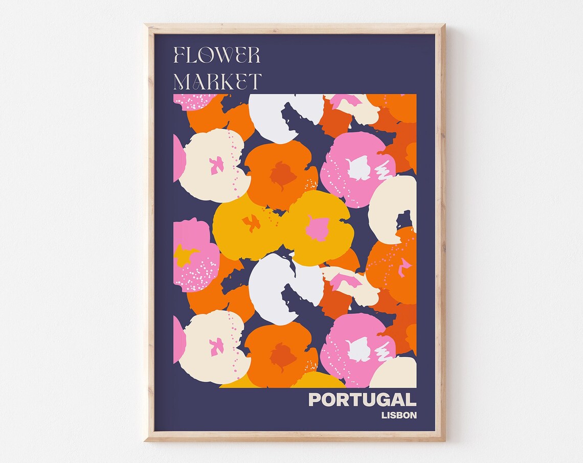 Lisbon Portugal Flower Market Bold Orange Pink Poppy Art Poster