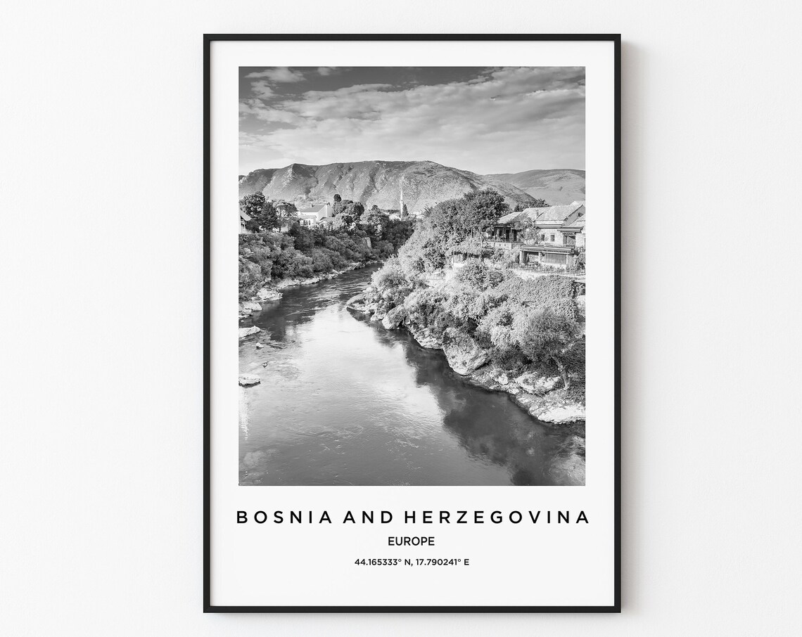 Bosnia and Herzegovina Europe Black White Old River Town Poster