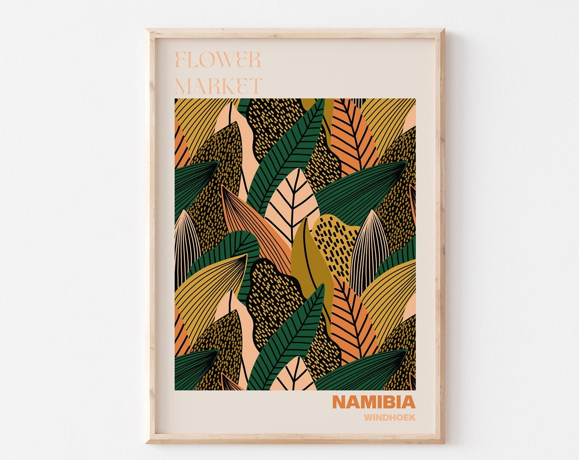 Namibia Flower Market Poster Windhoek Tropical Leaf Pattern Artwork