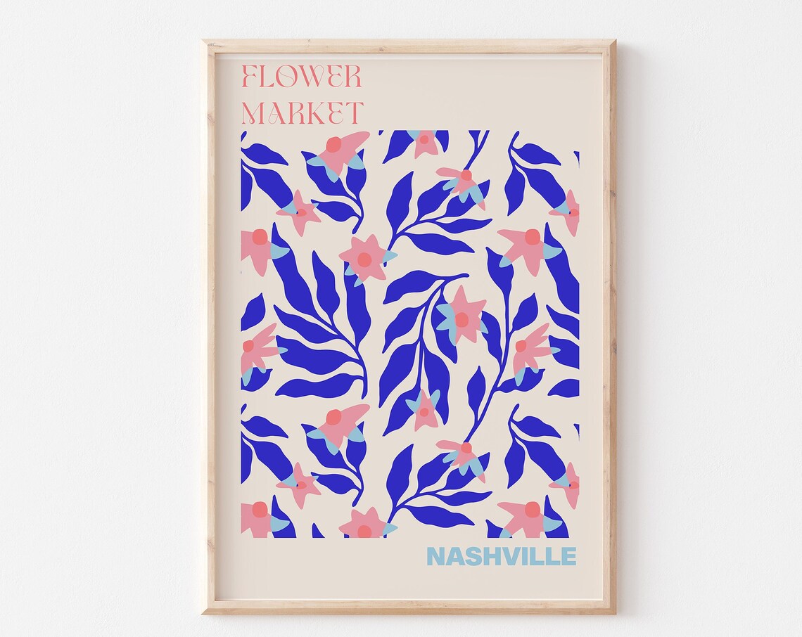 Nashville Flower Market Bold Blue Leaf Pink Blossom Art Poster