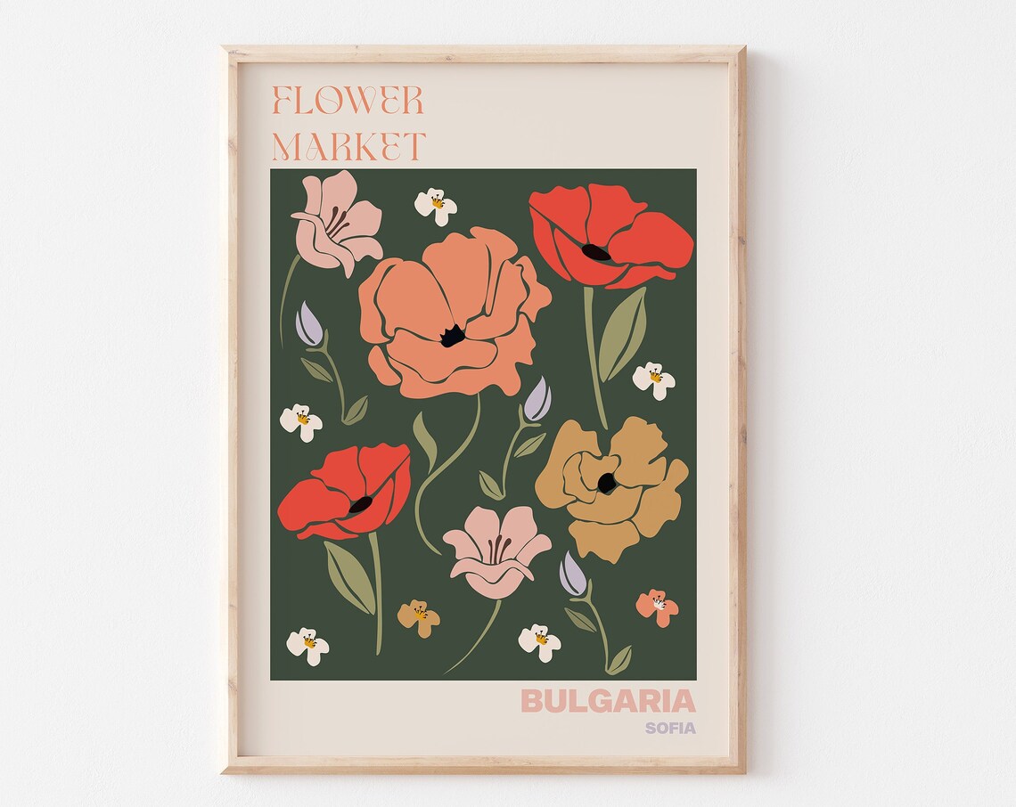 Bulgaria Flower Market Poster Sofia Poppy Olive Floral Artwork