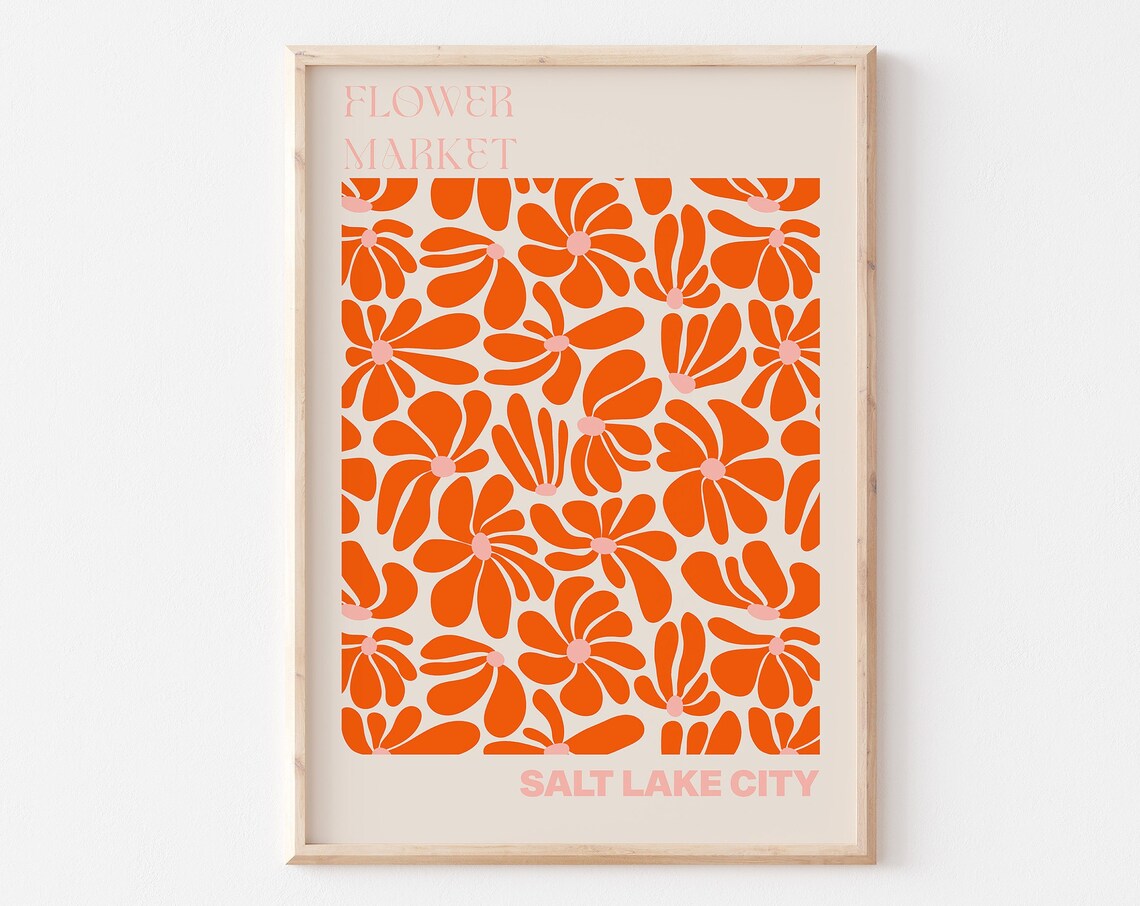 Salt Lake City Flower Market Poster Orange Retro Floral Artwork