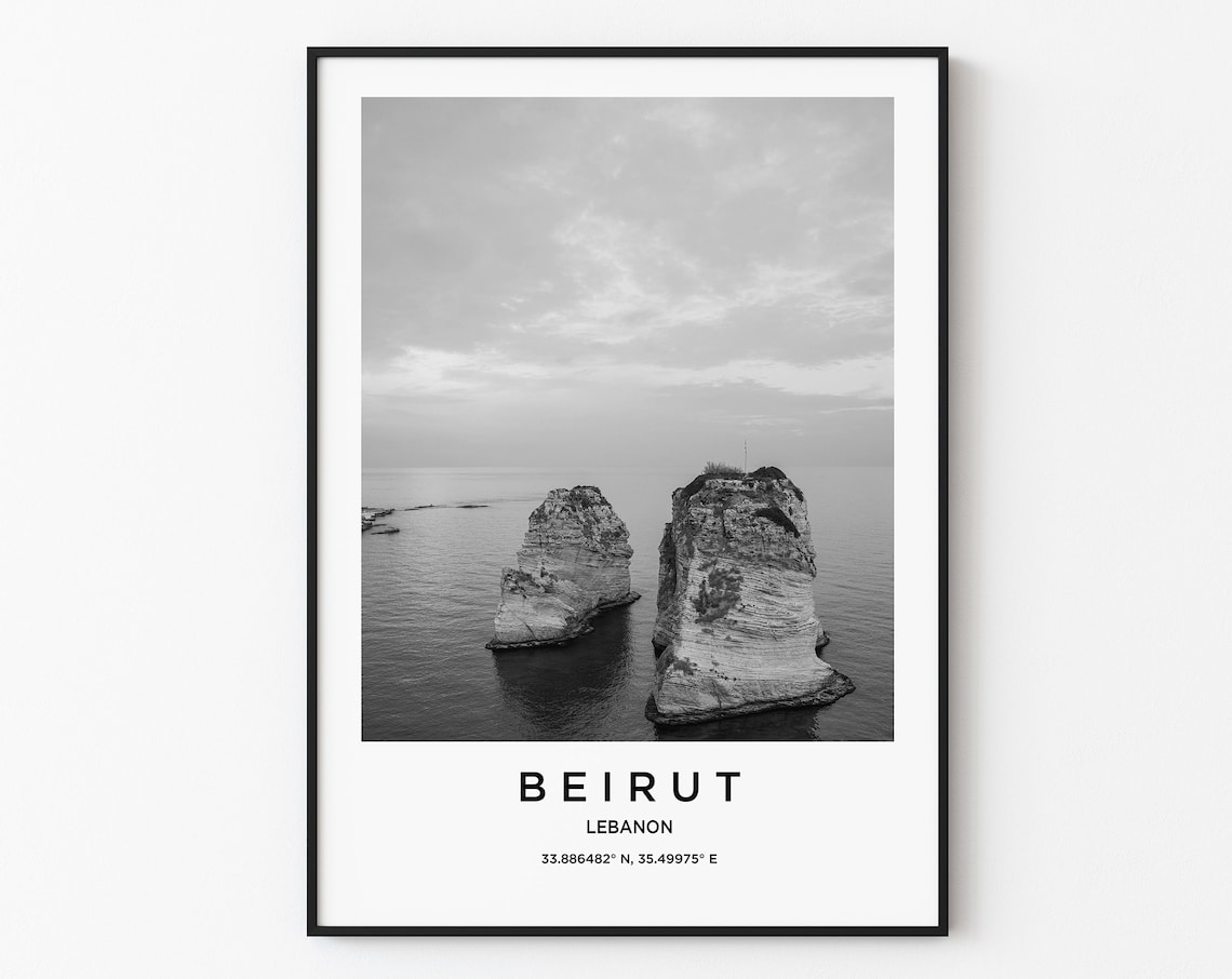 Beirut Lebanon Pigeon Rocks Sea Stacks Black White Photo Poster