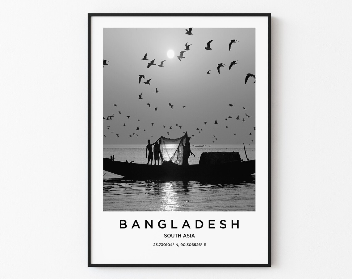 Bangladesh South Asia Fishermen Sunset Silhouette Water Poster