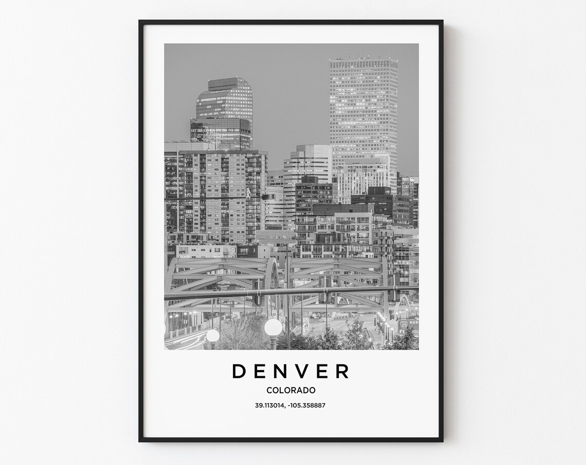 Denver Colorado Downtown Skyline Night Lights Black White Photo Poster