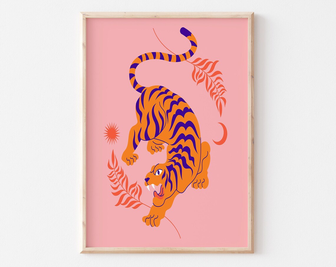 Orange Tiger Folk Art Illustration Pink Background Wall Print