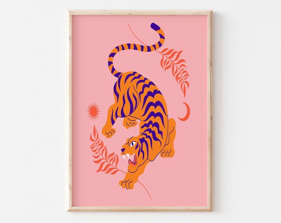 Orange Tiger Folk Art Illustration Pink Background Wall Print