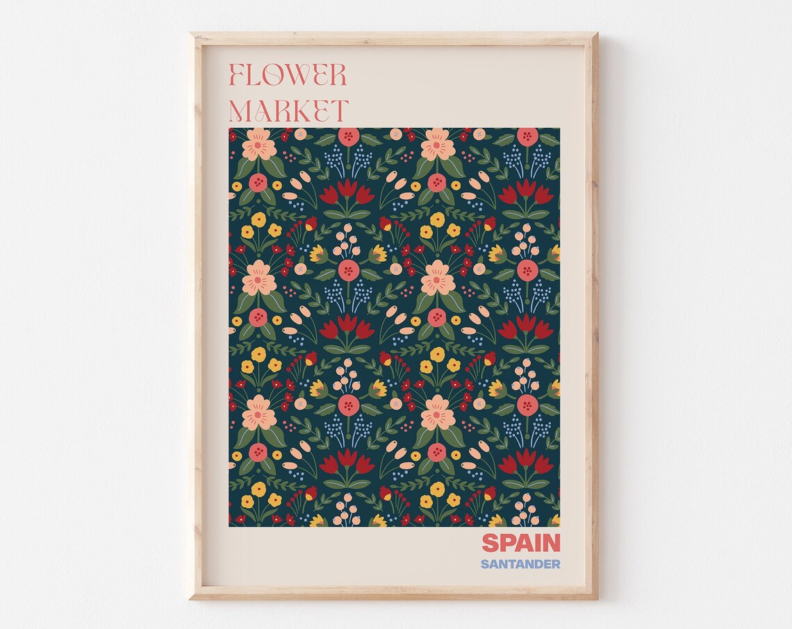Spain Santander Flower Market Folk Floral Navy Pattern Poster