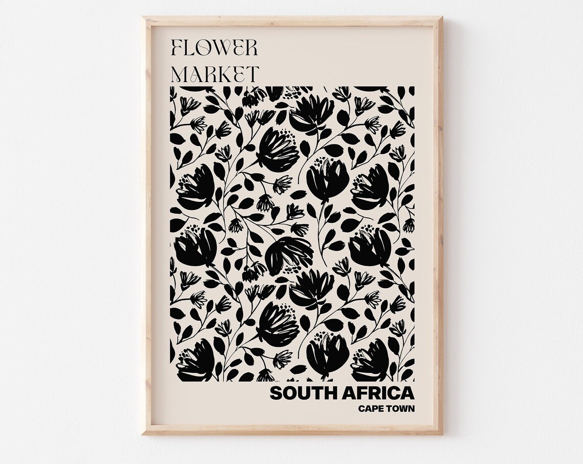 South Africa Flower Market Cape Town Bold Black Floral Poster