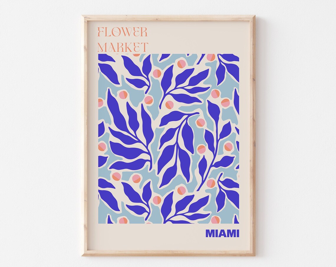 Flower Market Miami Cobalt Leaves Tropical Leaf Pattern Poster