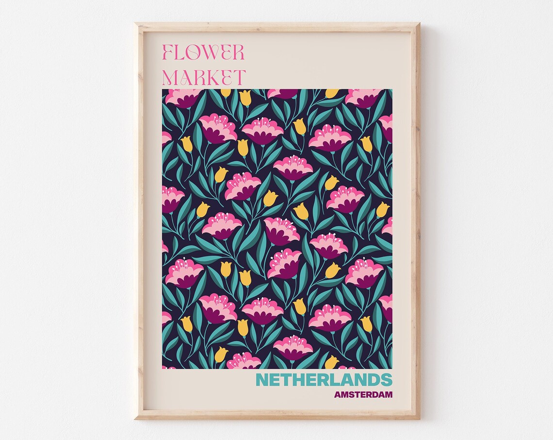 Netherlands Amsterdam Flower Market Pink Tulip Night Art Poster